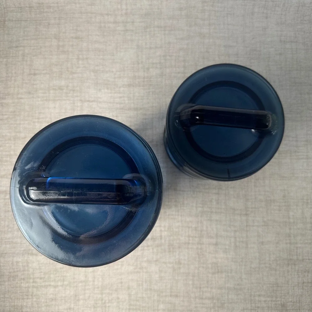 Vintage Cobalt Blue Glass Canister Set of 2 Handled Lids Kitchen Storage Jars